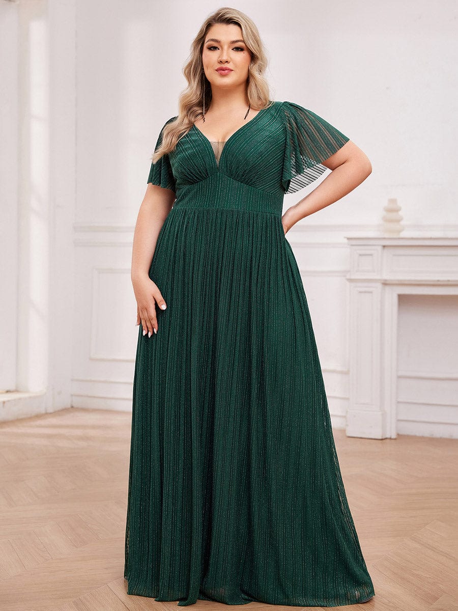 Robe de soirée transparente scintillante col en V taille empire manches courtes #Couleur_Vert Fonce