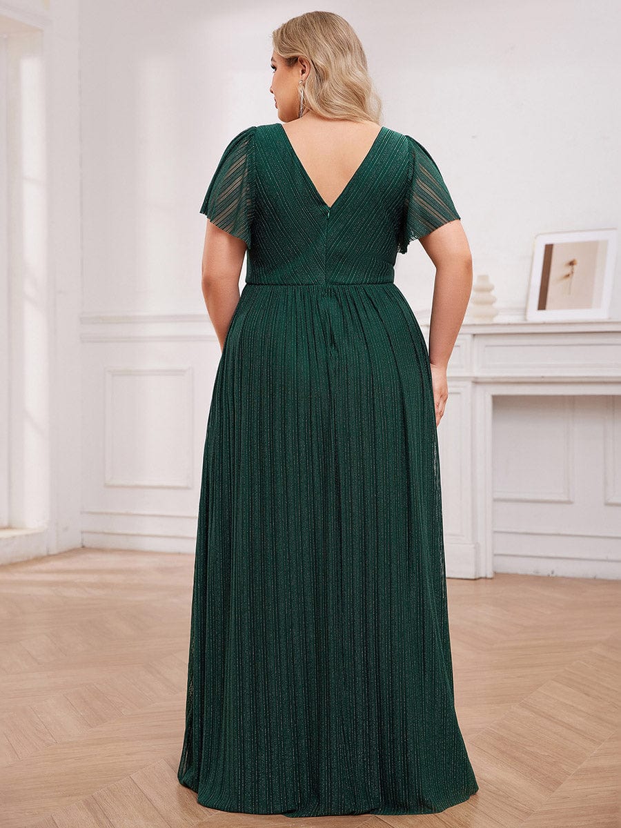 Robe de soirée transparente scintillante col en V taille empire manches courtes #Couleur_Vert Fonce