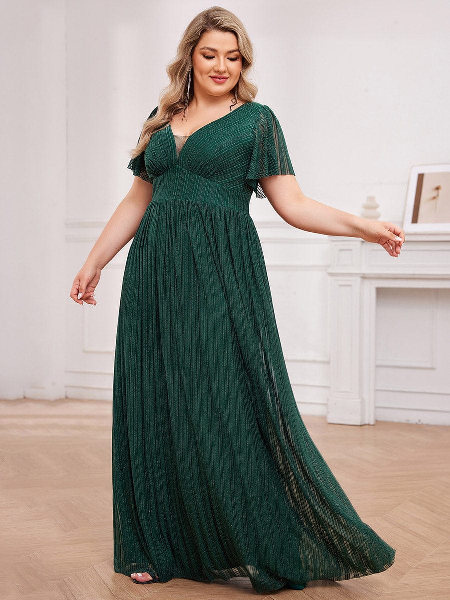 Robe de soirée transparente scintillante col en V taille empire manches courtes #Couleur_Vert Fonce