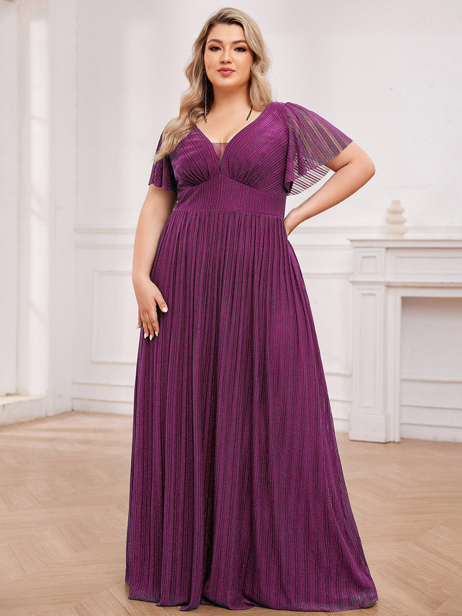 Robe de soirée transparente scintillante col en V taille empire manches courtes #Couleur_Glycine violette