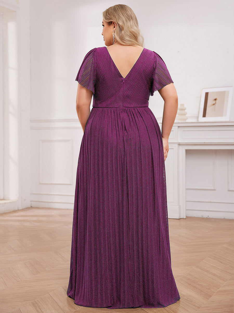 Robe de soirée transparente scintillante col en V taille empire manches courtes #Couleur_Glycine violette