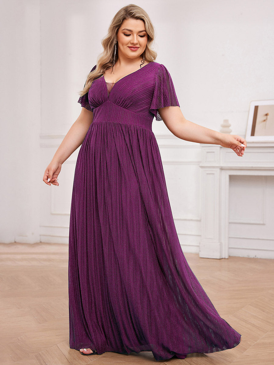 Robe de soirée transparente scintillante col en V taille empire manches courtes #Couleur_Glycine violette