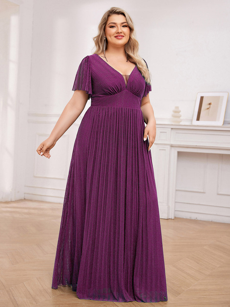 Robe de soirée transparente scintillante col en V taille empire manches courtes #Couleur_Glycine violette