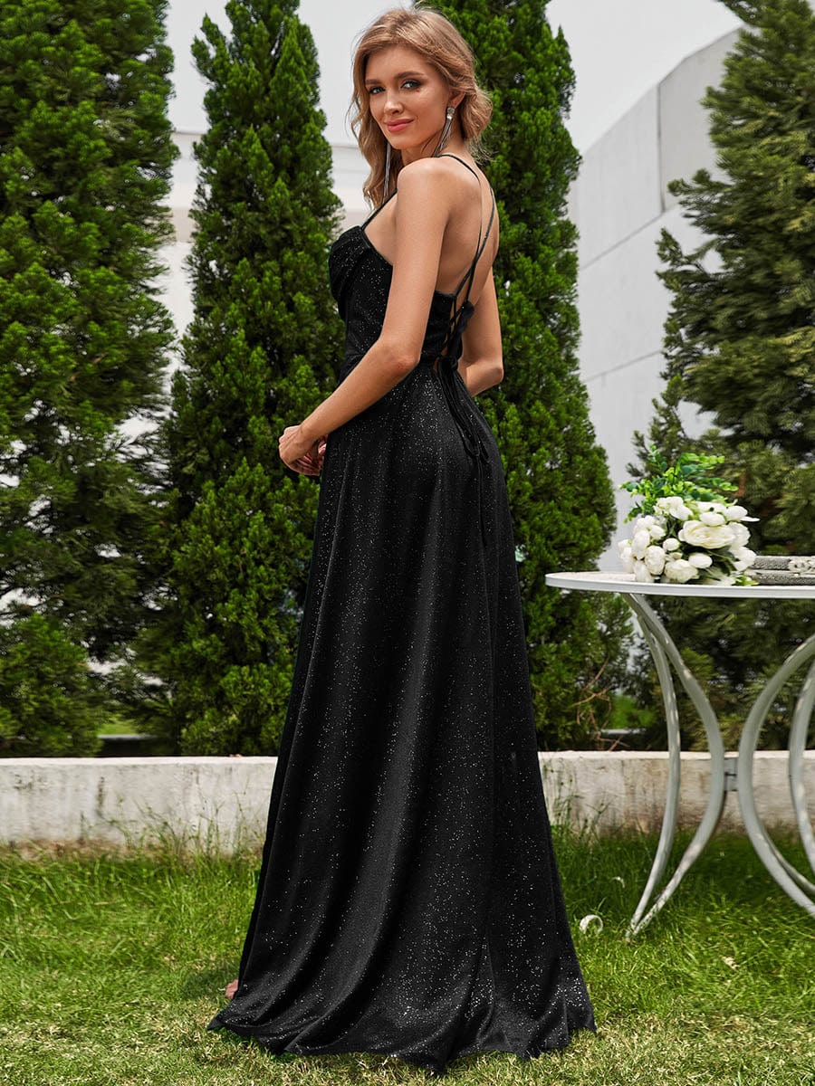 Robe de soirée sans manches à sequins et col bénitier à fente haute #Couleur_Noir