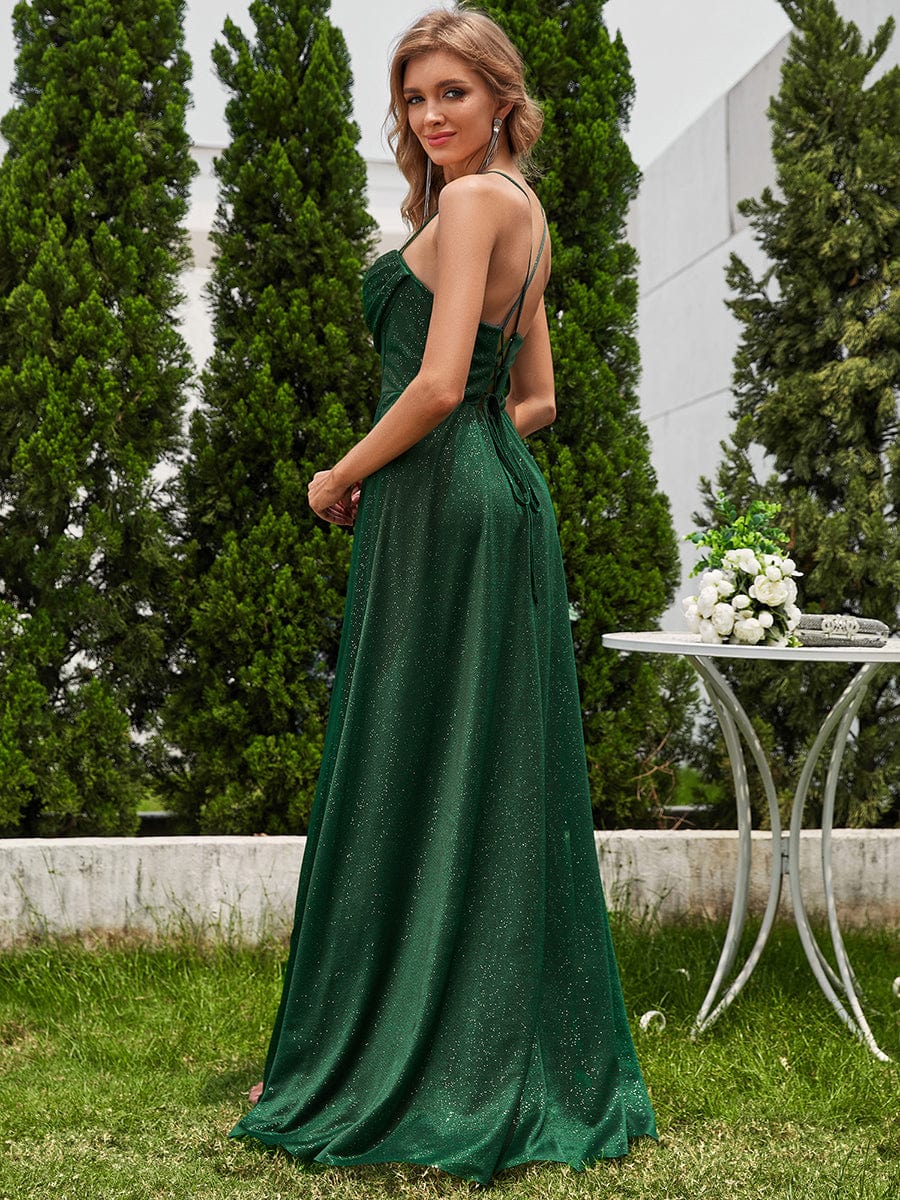 Robe de soirée sans manches à sequins et col bénitier à fente haute #Couleur_Vert Fonce