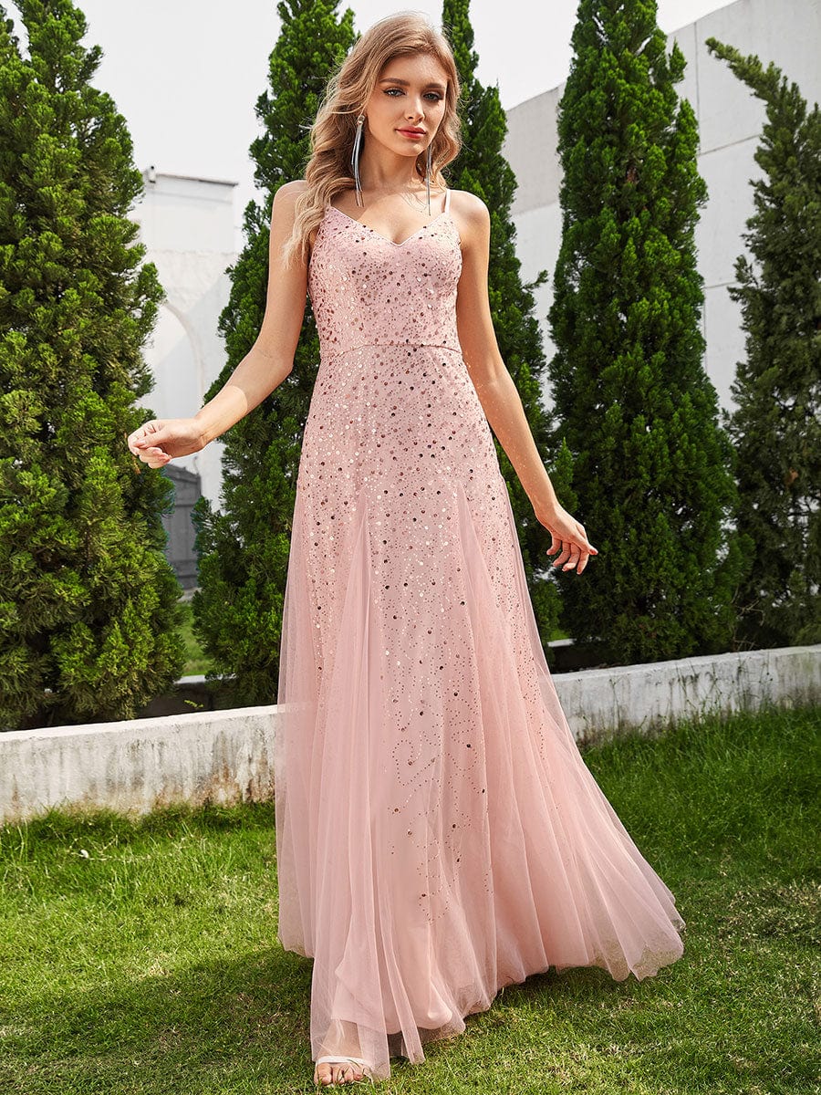 Robe de soirée sans manches en tulle à col en V et à paillettes avec taille empire #Couleur_Rose