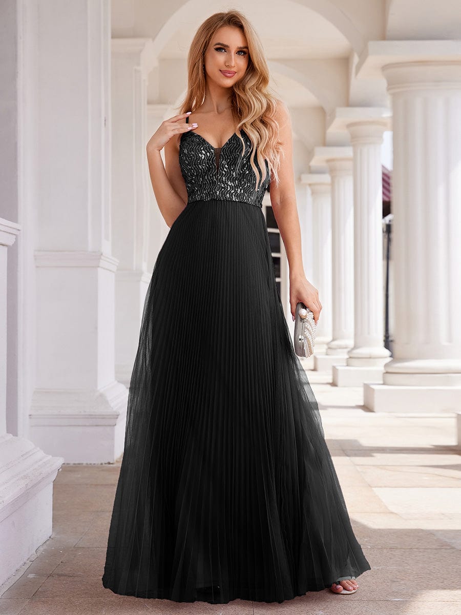 Robe de soirée en tulle à paillettes col en V sans manches dos nu taille haute #Couleur_Noir