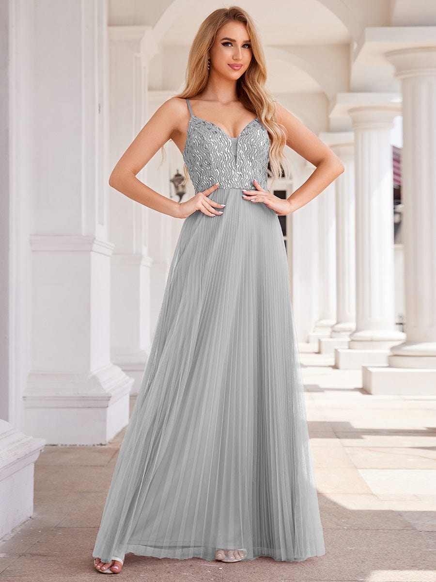 Robe de soirée en tulle à paillettes col en V sans manches dos nu taille haute #Couleur_Gris