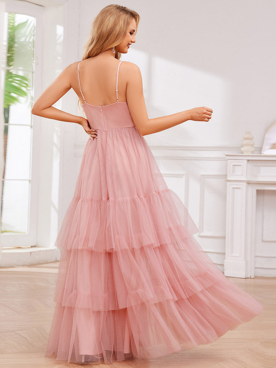 Robe de demoiselle d'honneur à bretelles spaghetti en tulle à plusieurs niveaux #Couleur_Rose