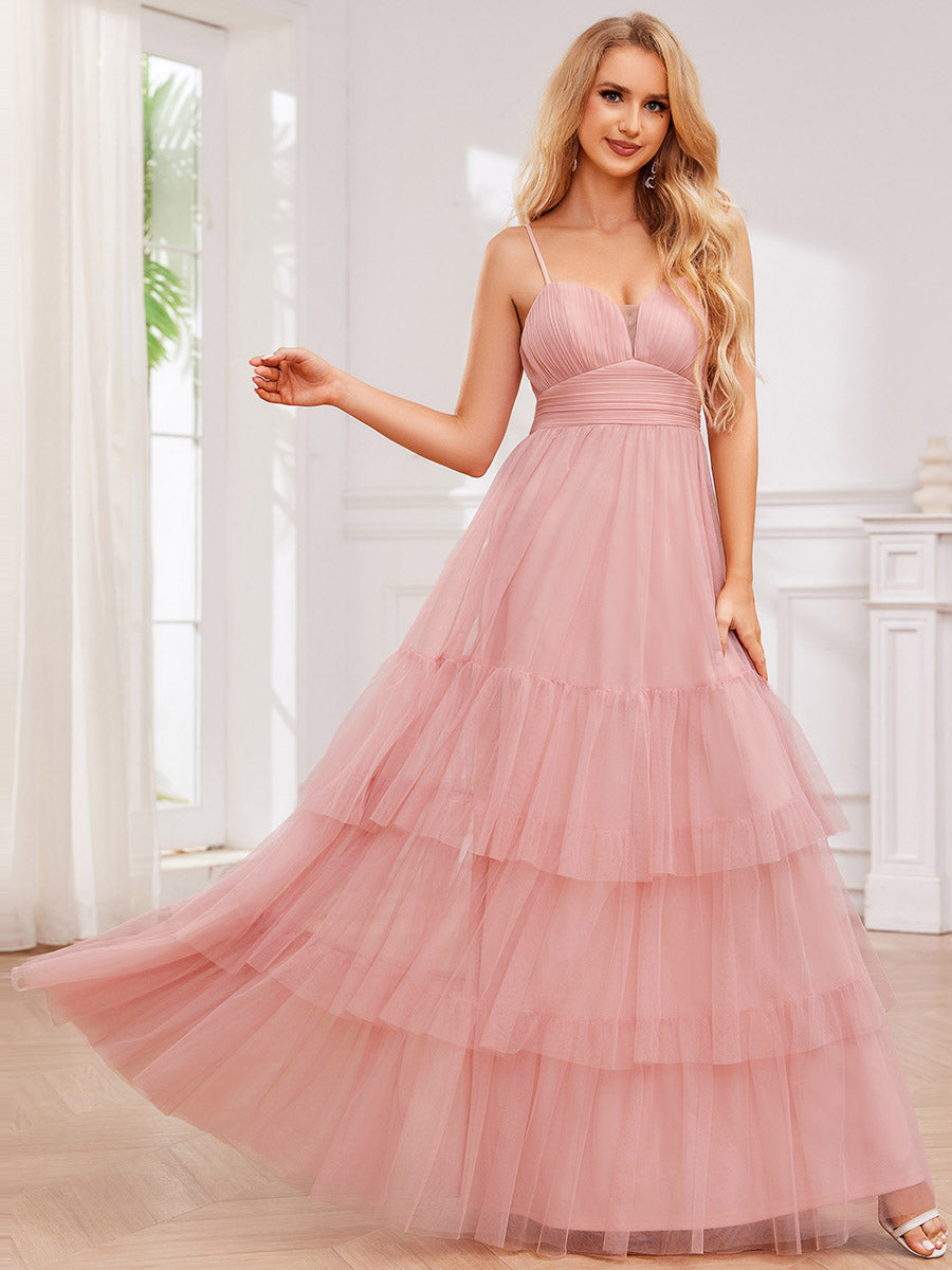 Robe de demoiselle d'honneur à bretelles spaghetti en tulle à plusieurs niveaux #Couleur_Rose