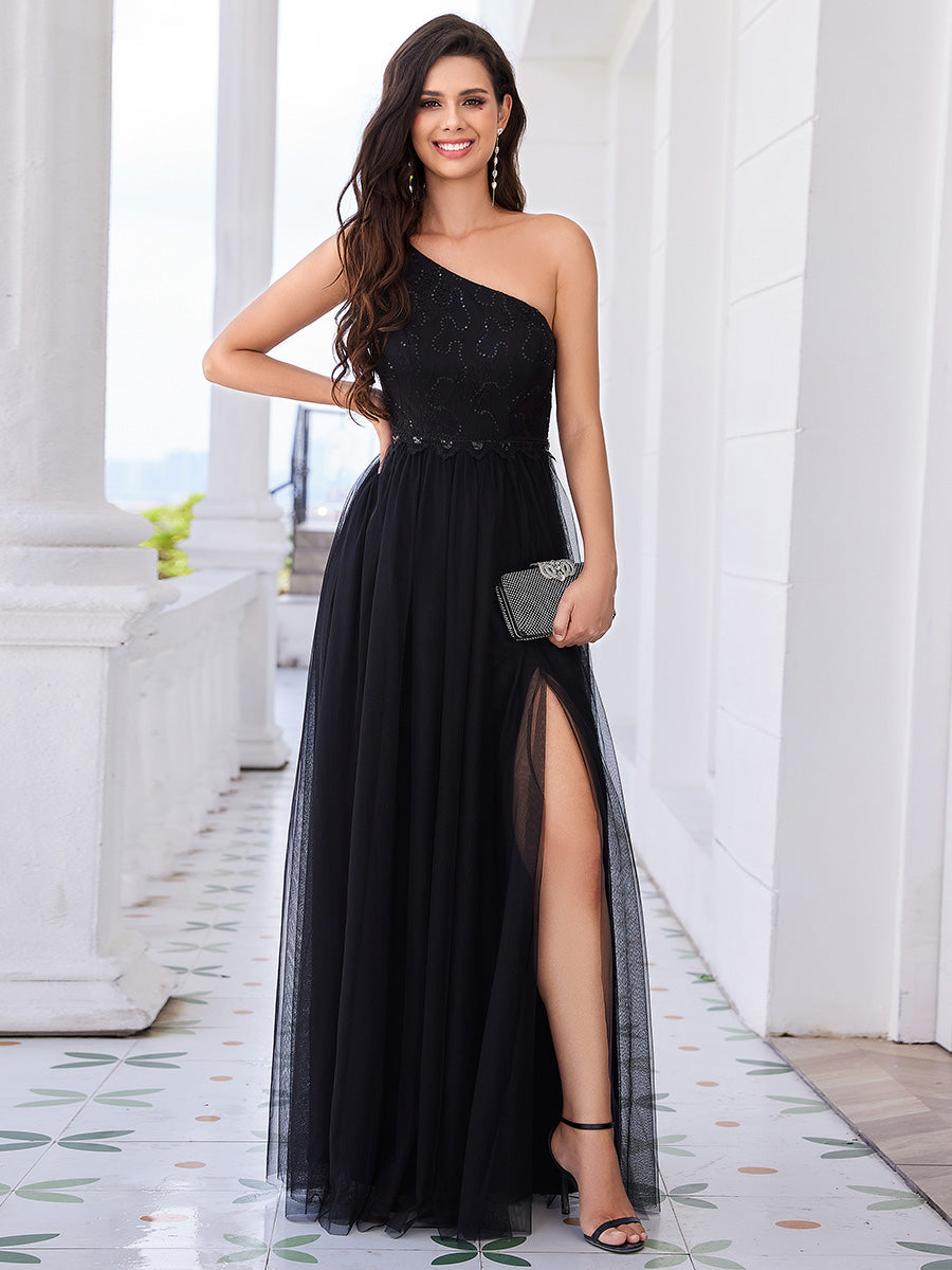 Robe de bal longue en tulle à une épaule avec corsage orné #Couleur_Noir