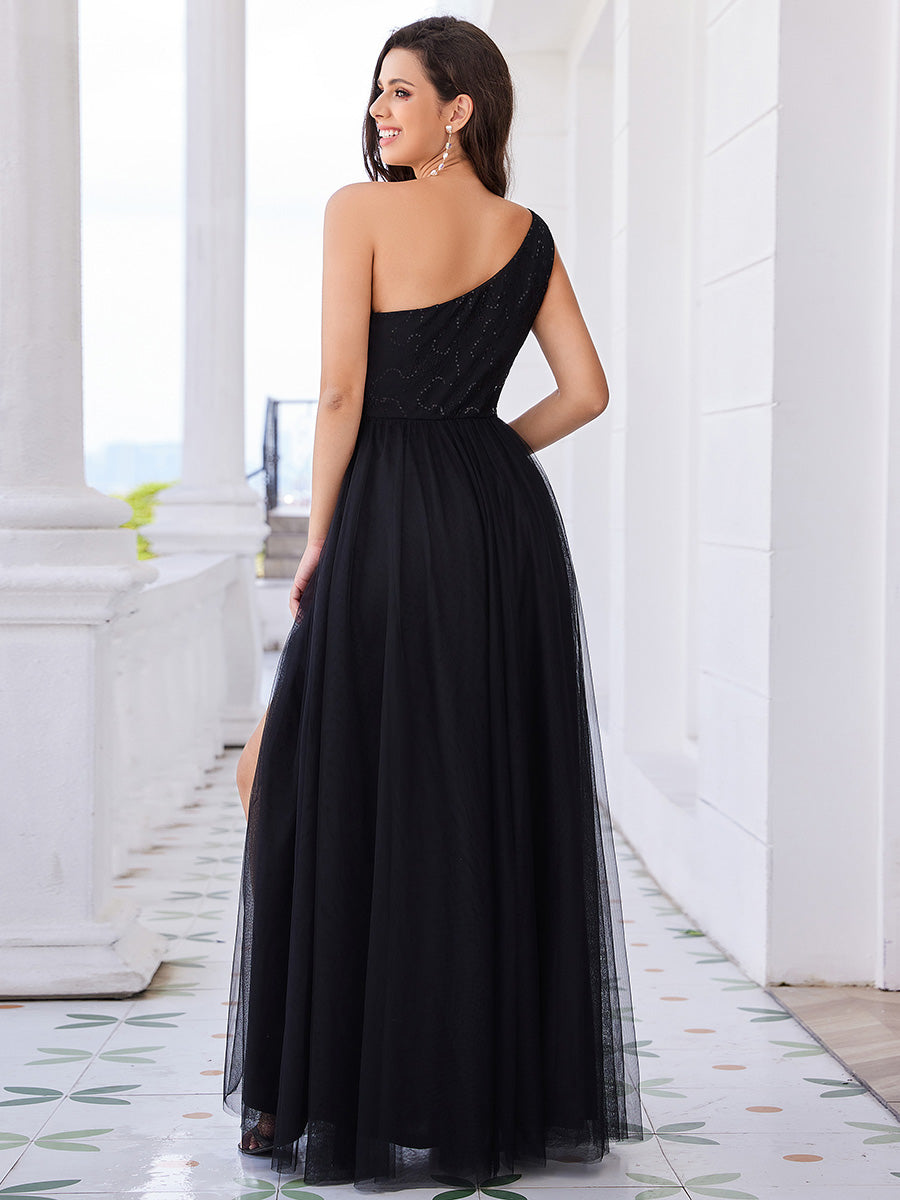 Robe de bal longue en tulle à une épaule avec corsage orné #Couleur_Noir