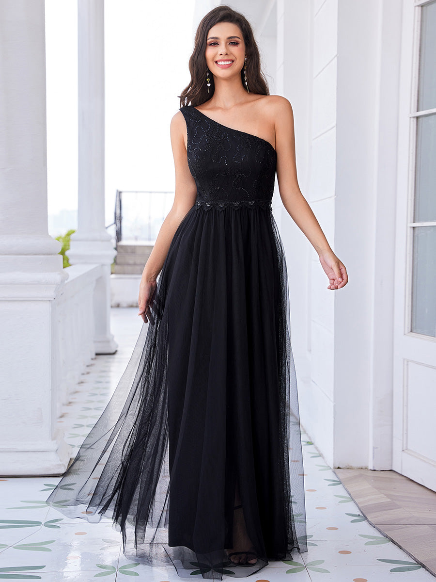 Robe de bal longue en tulle à une épaule avec corsage orné #Couleur_Noir