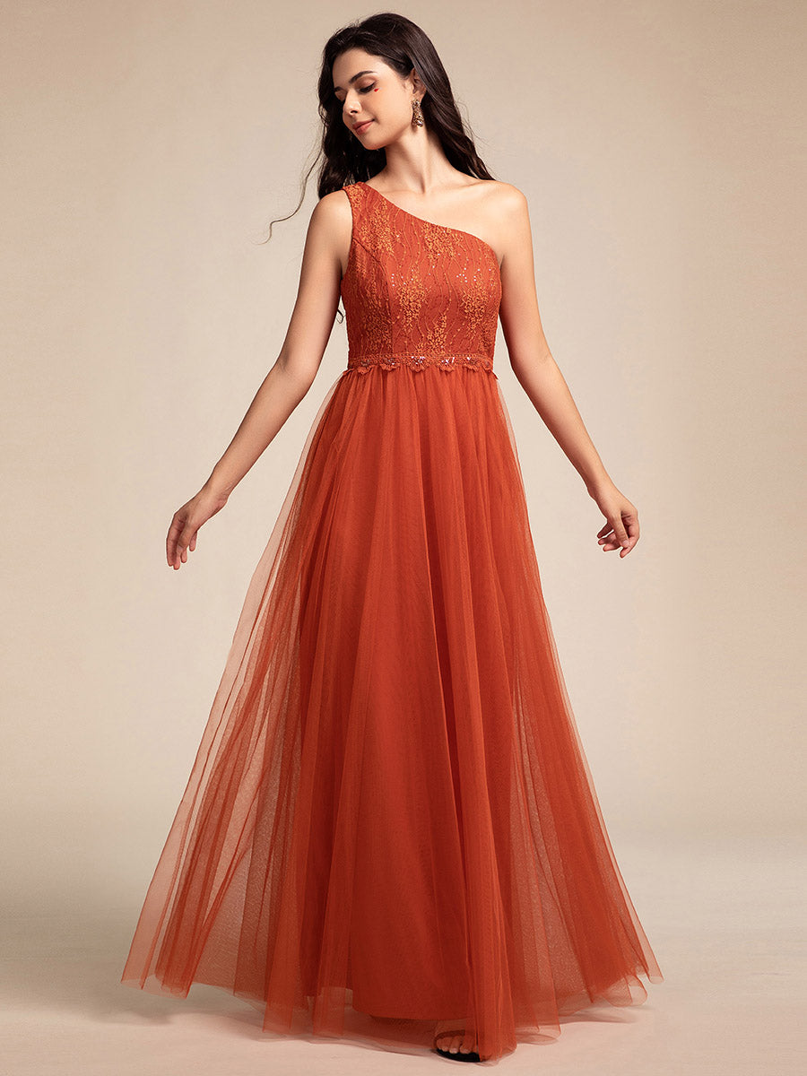 Robe de bal longue en tulle à une épaule avec corsage orné #Couleur_Orange Brûlée