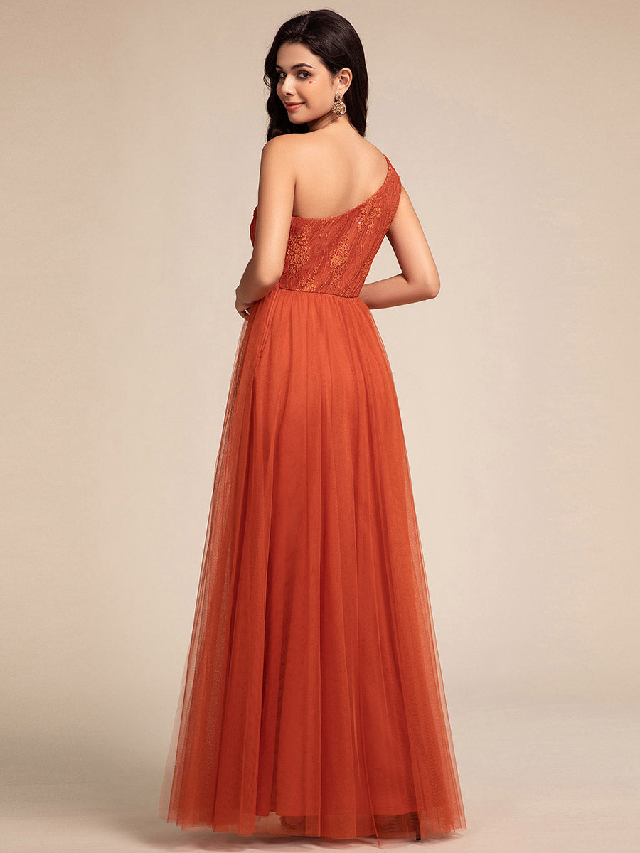 Robe de bal longue en tulle à une épaule avec corsage orné #Couleur_Orange Brûlée