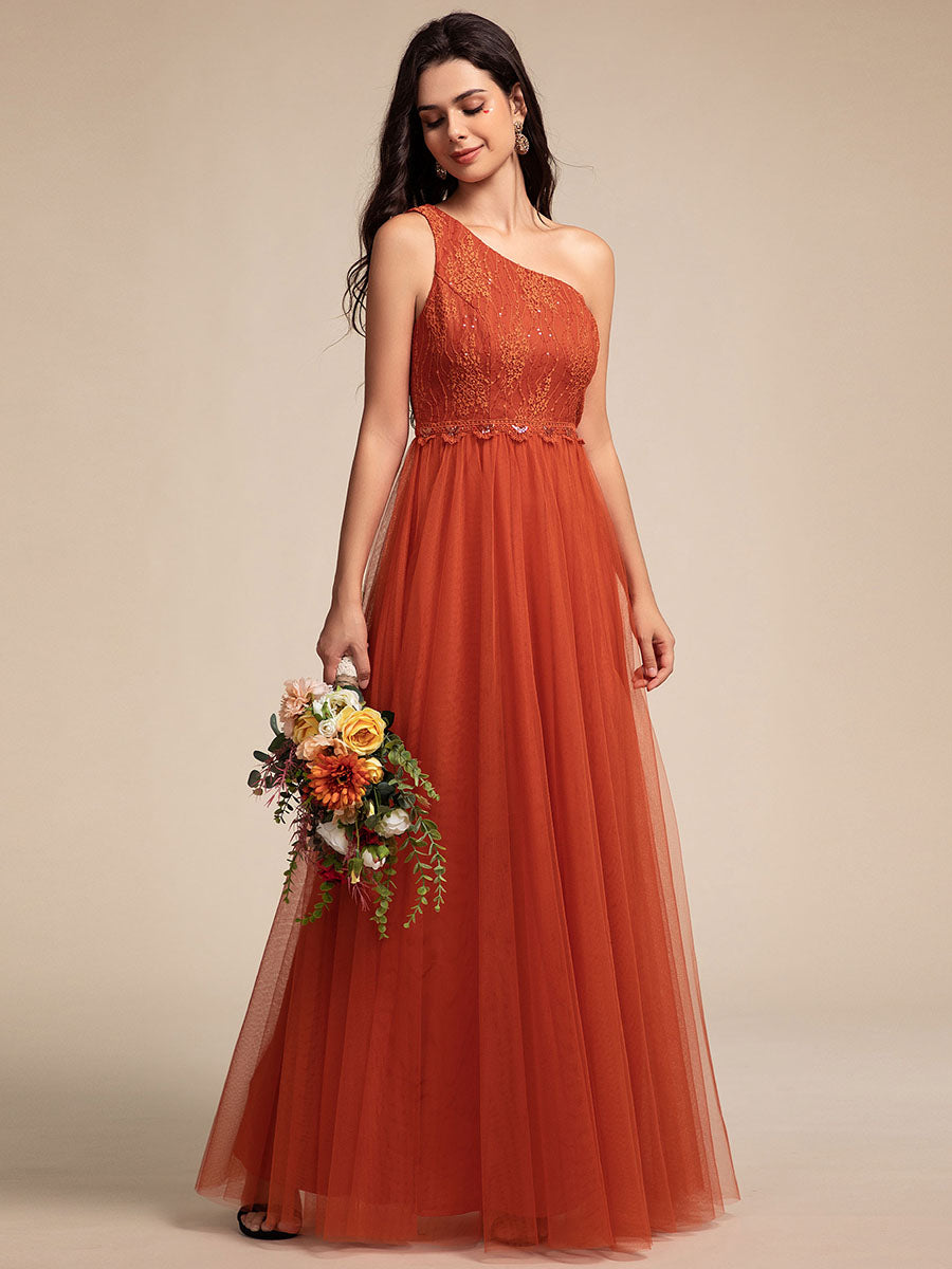 Robe de bal longue en tulle à une épaule avec corsage orné #Couleur_Orange Brûlée