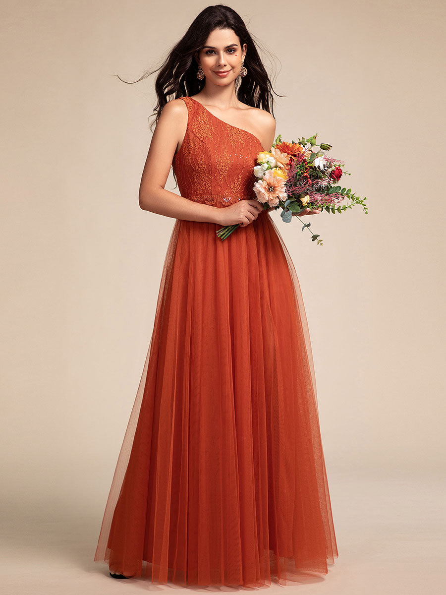 Robe de bal longue en tulle à une épaule avec corsage orné #Couleur_Orange Brûlée