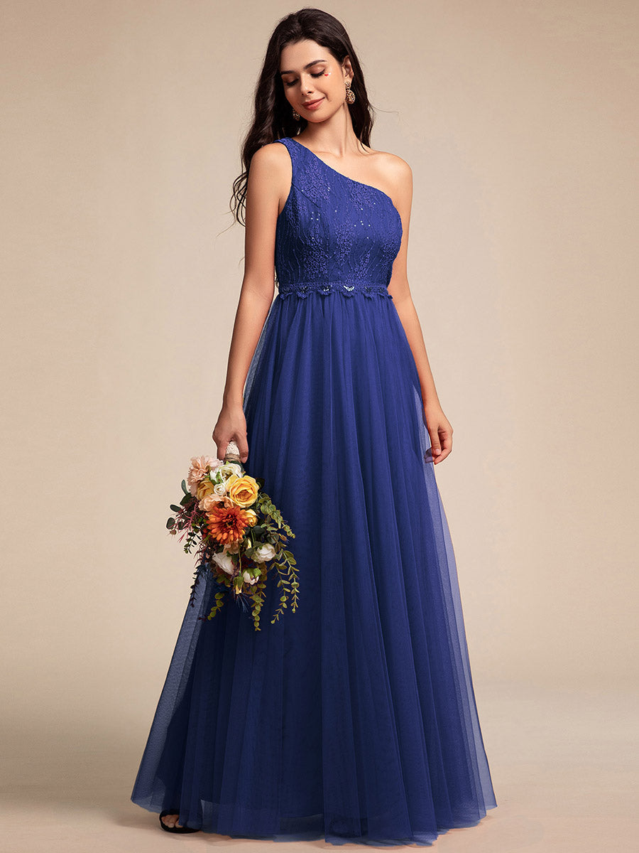 Robe de bal longue en tulle à une épaule avec corsage orné #Couleur_Bleu Saphir