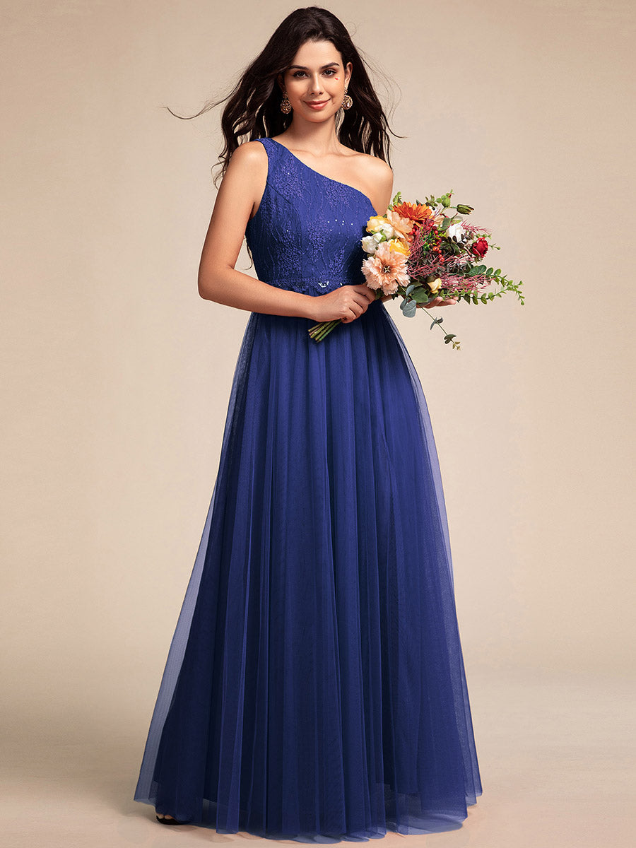 Robe de bal longue en tulle à une épaule avec corsage orné #Couleur_Bleu Saphir