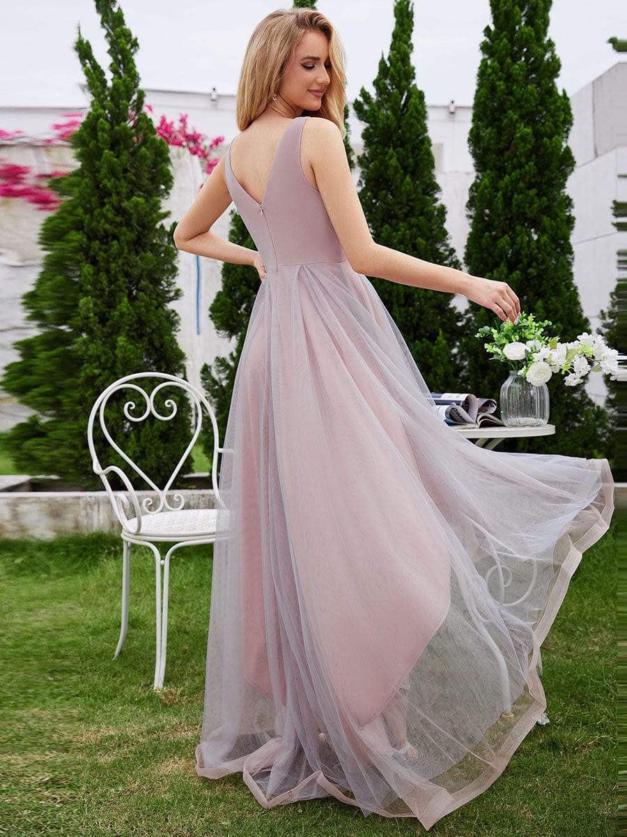 Robe de soirée en tulle avec appliques brodées sans manches col en V coupe haute et basse #Couleur_Rose