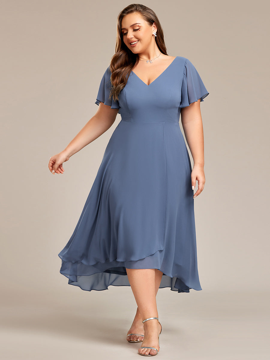 Robe Mariage Invitée haute-basse mousseline col en V Manches à volants #Couleur_Marine Fume