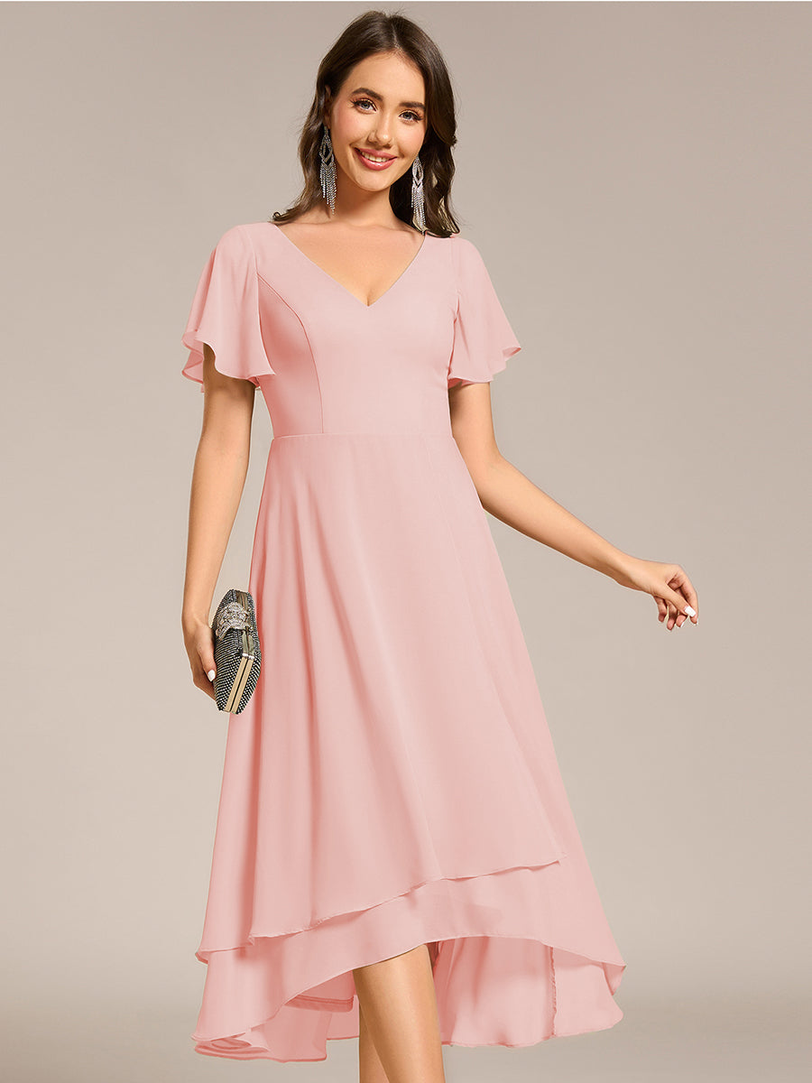 Robe Mariage Invitée haute-basse mousseline col en V Manches à volants #Couleur_Rose