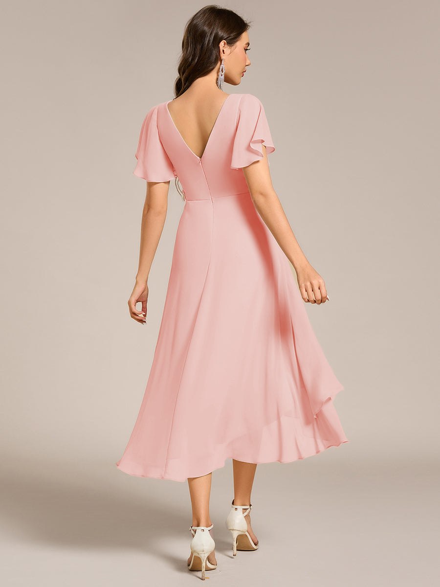 Robe Mariage Invitée haute-basse mousseline col en V Manches à volants #Couleur_Rose