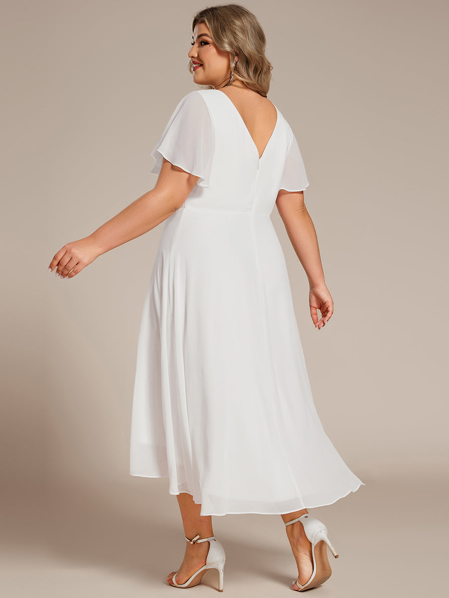 Robe d'invité de mariage en mousseline de soie grande taille avec col en V et manches à volants #Couleur_Blanc