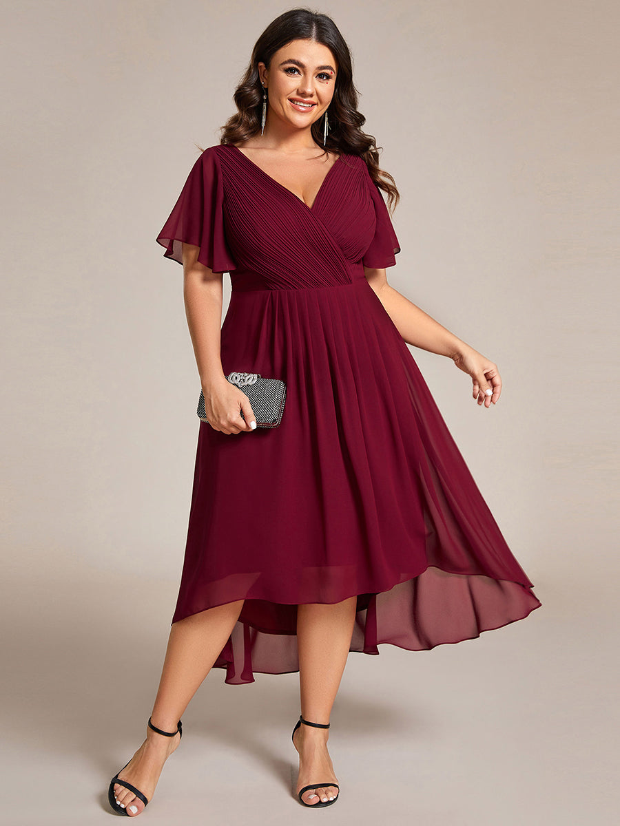 Grande Taille Robe d'invité de mariage chic à col en V #Couleur_Bordeaux