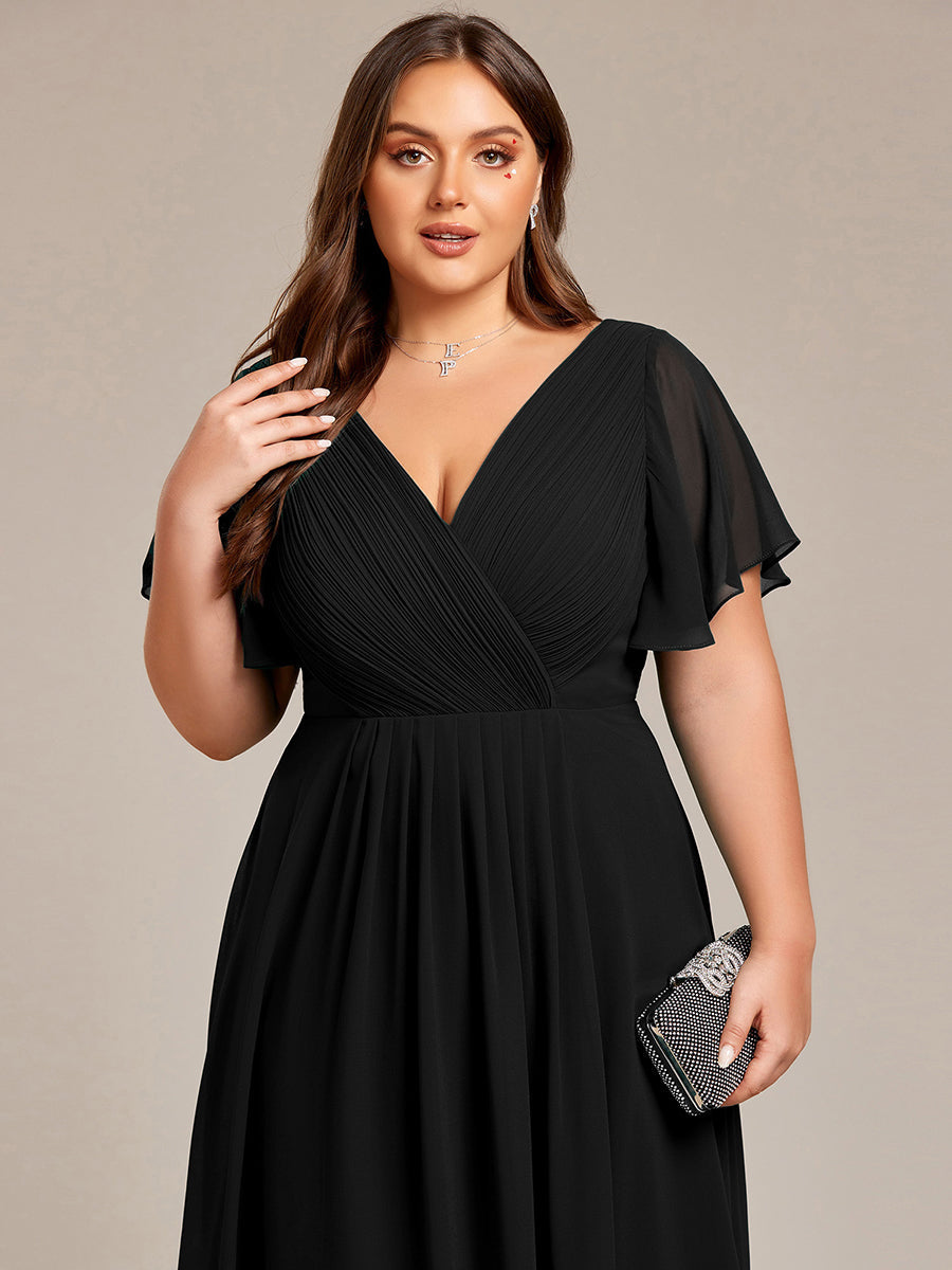 Grande Taille Robe d'invité de mariage chic à col en V #Couleur_Noir