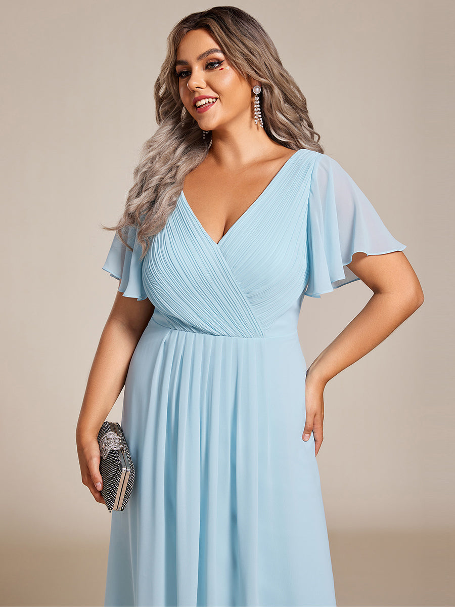 Grande Taille Robe d'invité de mariage chic à col en V #Couleur_Bleu Ciel