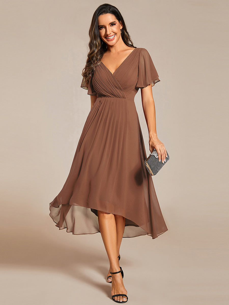 Taille personnalisée Robe d'invité de mariage chic à col en V #Couleur_Brun