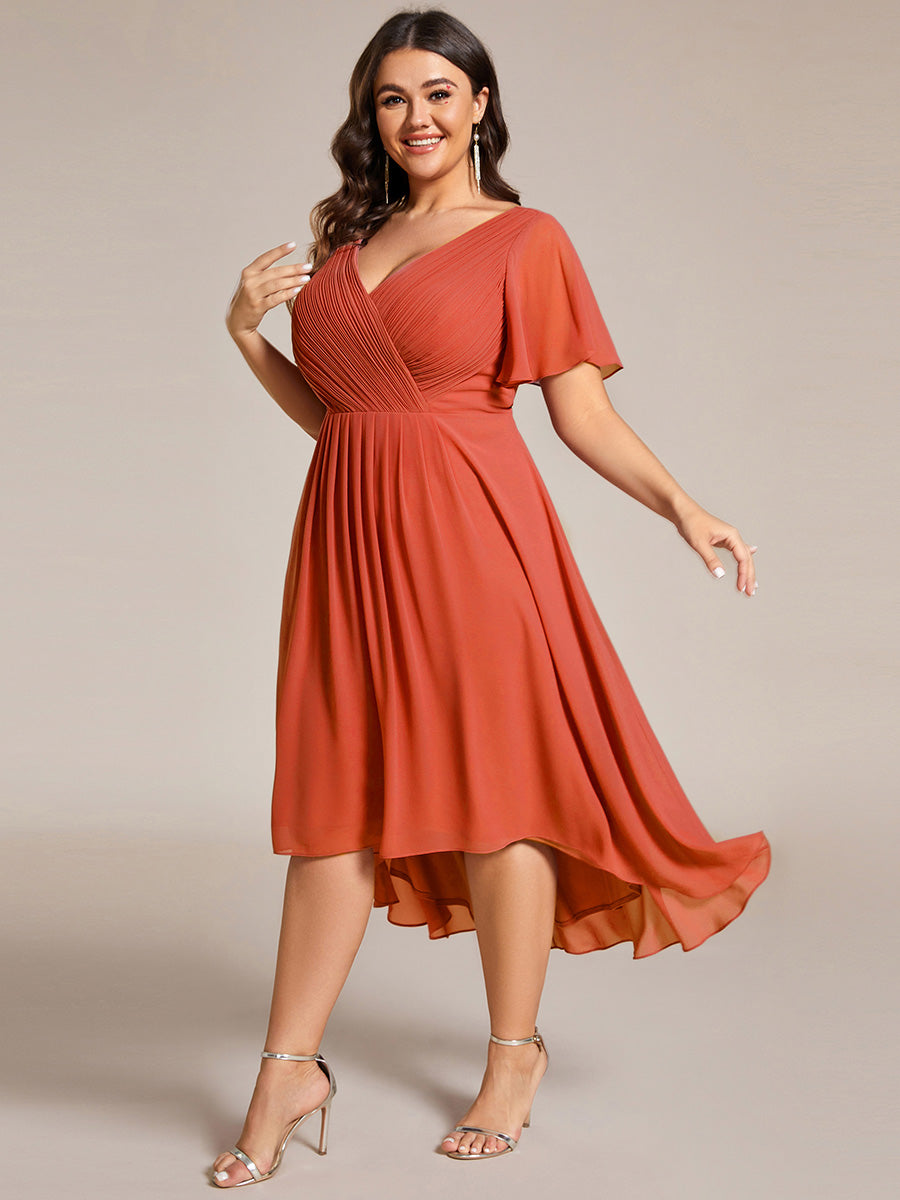 Grande Taille Robe d'invité de mariage chic à col en V #Couleur_Burnt Orange