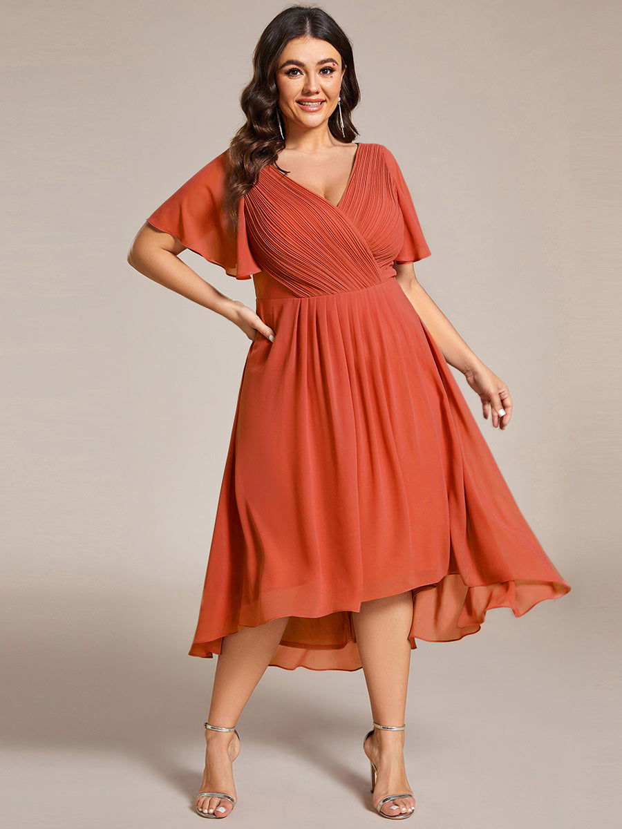 Grande Taille Robe d'invité de mariage chic à col en V #Couleur_Burnt Orange