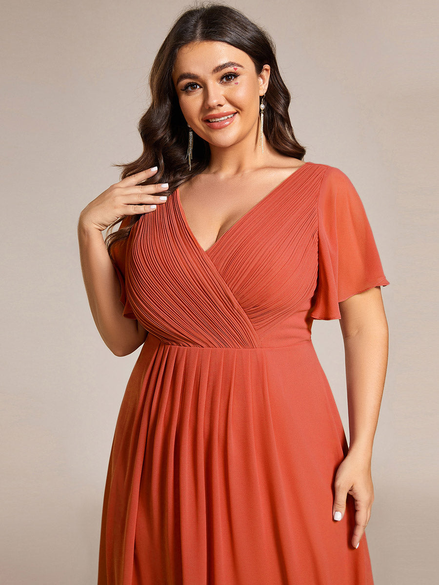 Grande Taille Robe d'invité de mariage chic à col en V #Couleur_Burnt Orange