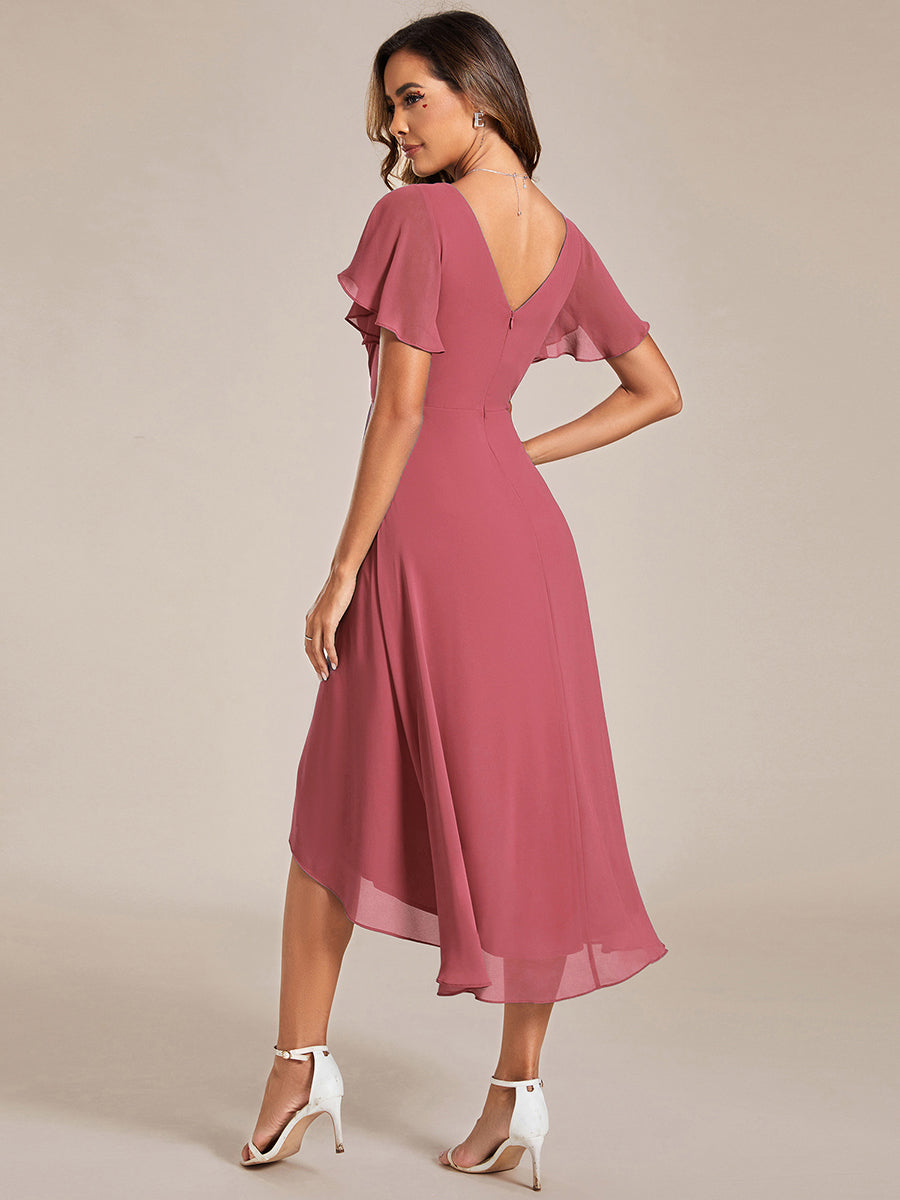 Robe d'invitée de mariage chic à col en V et manches courtes #Couleur_Rose corail