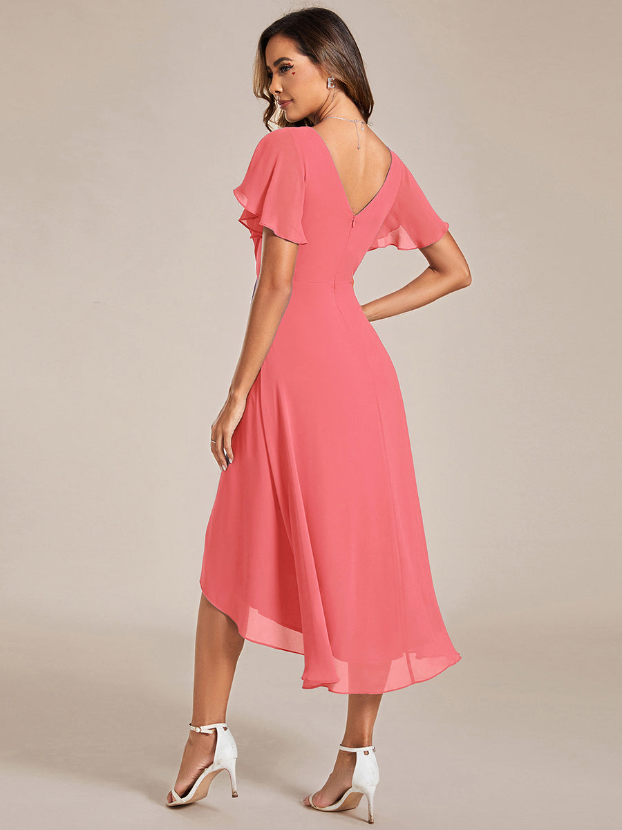 Robe d'invitée de mariage chic à col en V et manches courtes #Couleur_Corail