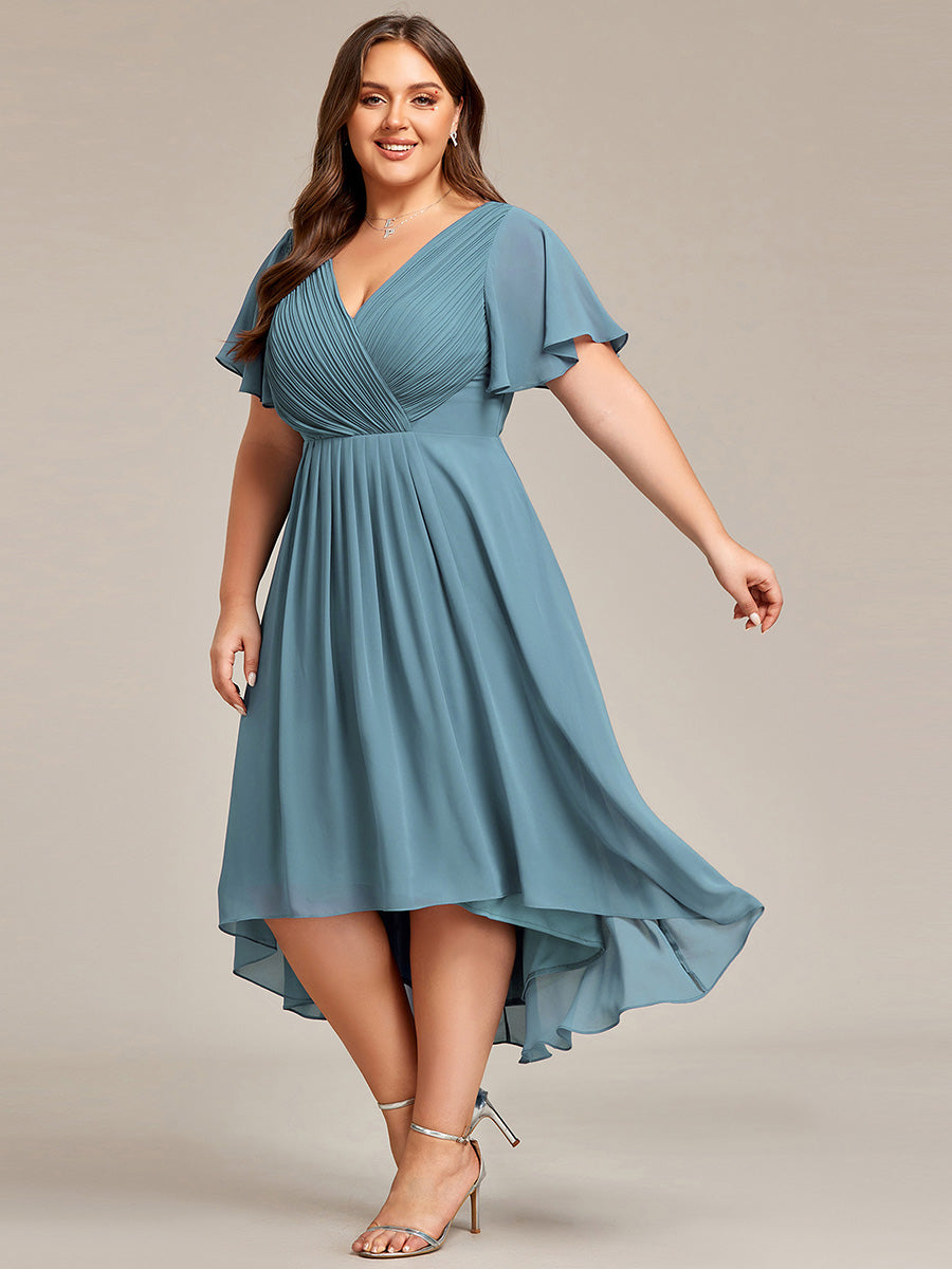 Grande Taille Robe d'invité de mariage chic à col en V #Couleur_Bleu Fume