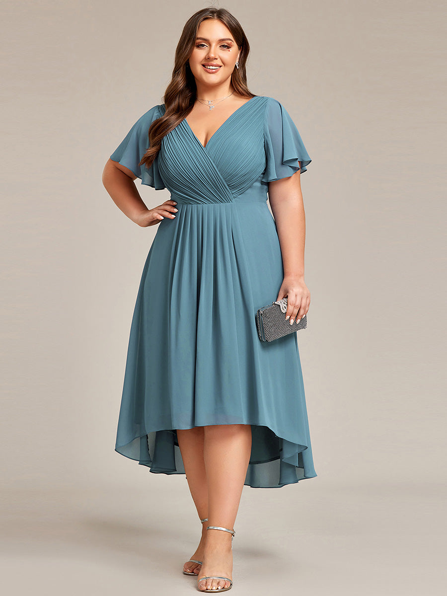 Grande Taille Robe d'invité de mariage chic à col en V #Couleur_Bleu Fume