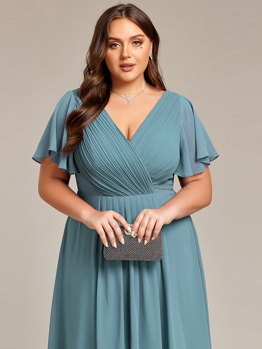 Grande Taille Robe d'invité de mariage chic à col en V #Couleur_Bleu Fume