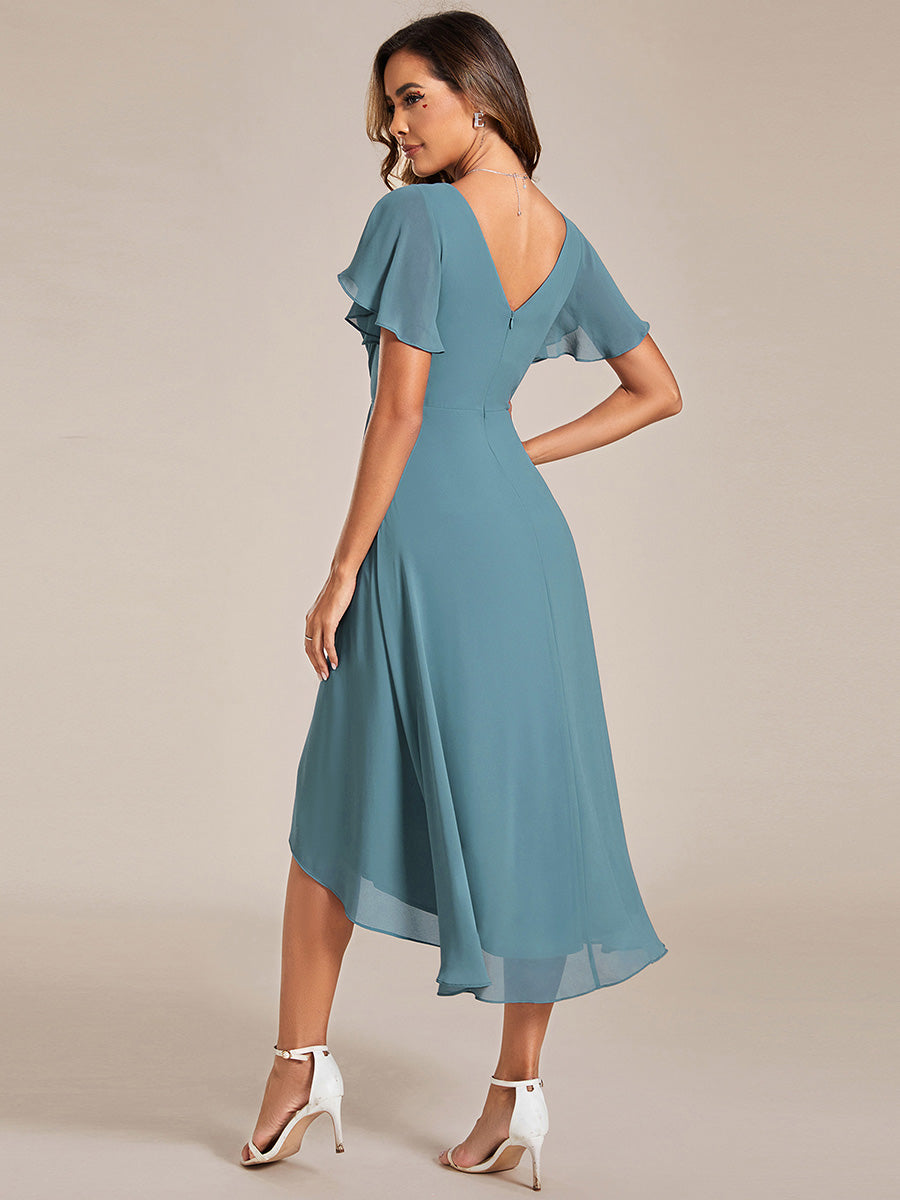 Robe d'invité de mariage chic à col en V #Couleur_Bleu Fume