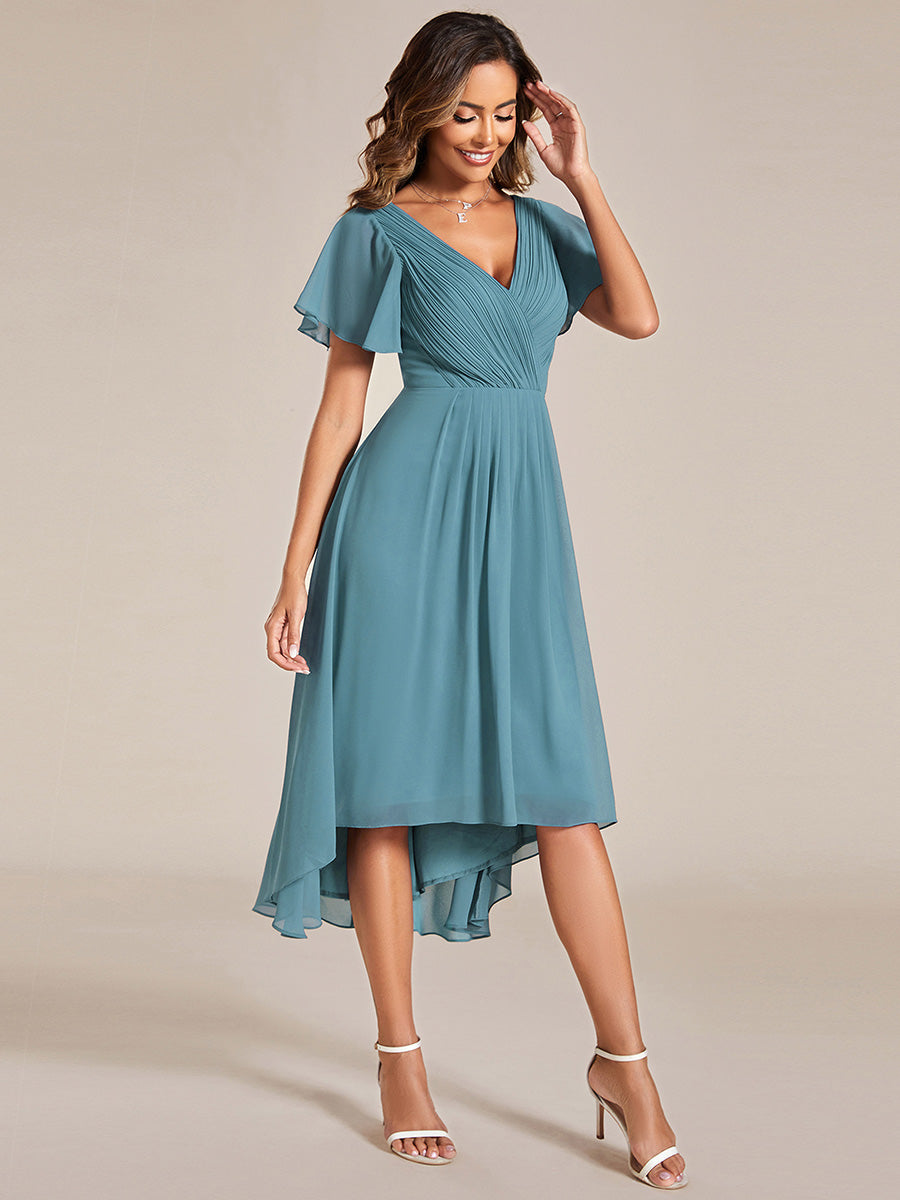 Robe d'invité de mariage chic à col en V #Couleur_Bleu Fume