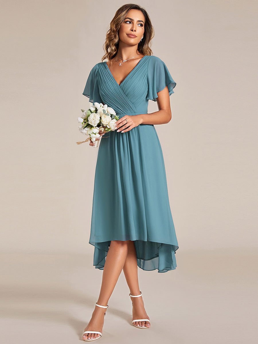 Robe d'invité de mariage chic à col en V #Couleur_Bleu Fume