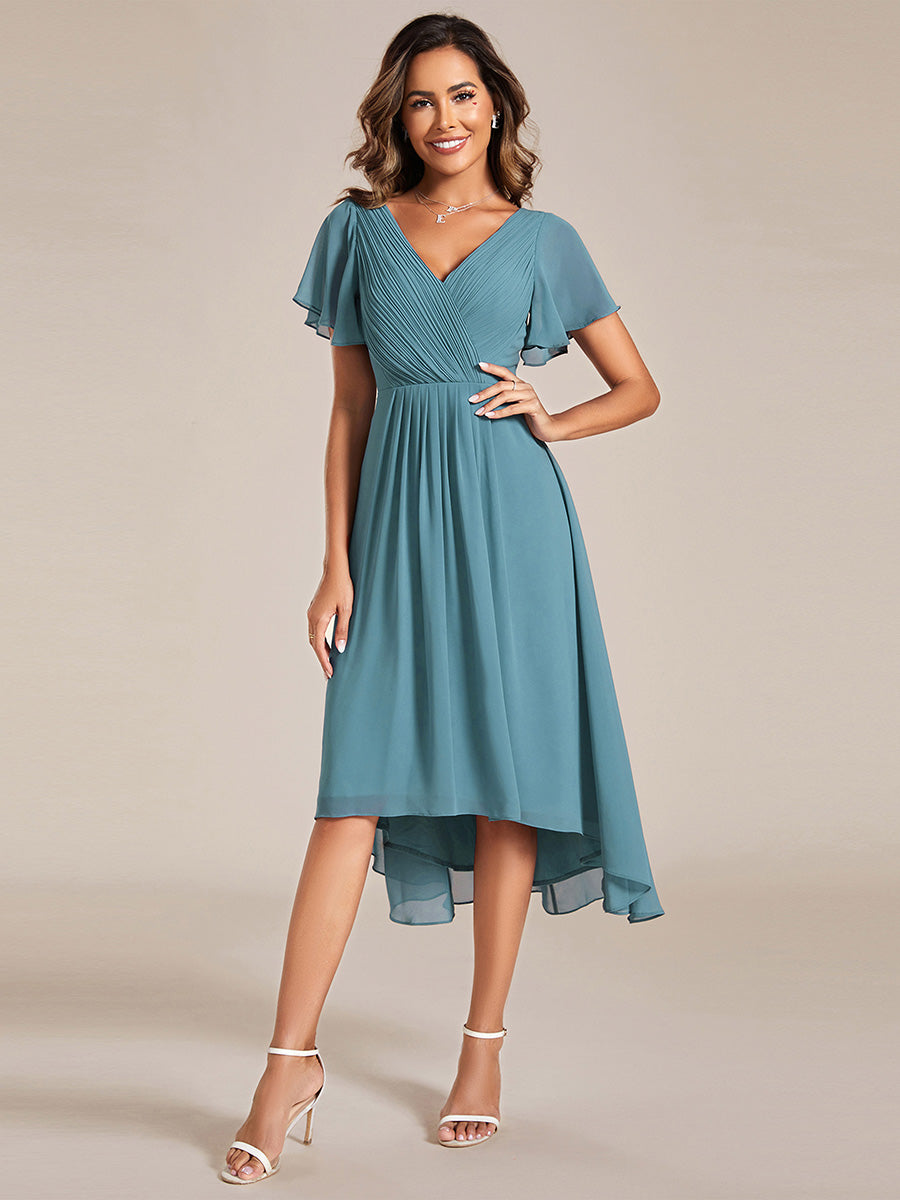 Robe d'invité de mariage chic à col en V #Couleur_Bleu Fume