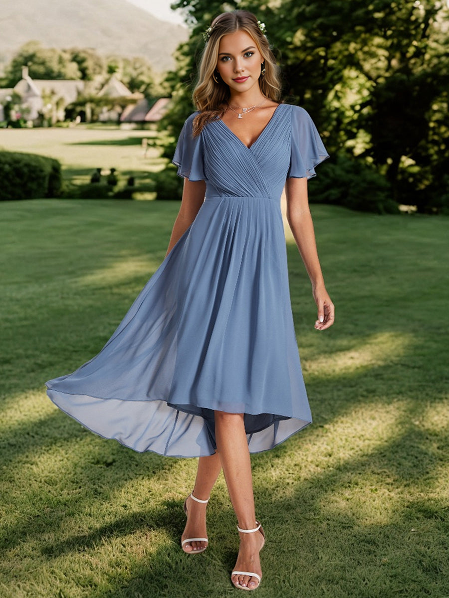 Robe d'invité de mariage chic à col en V #Couleur_Marine Fume