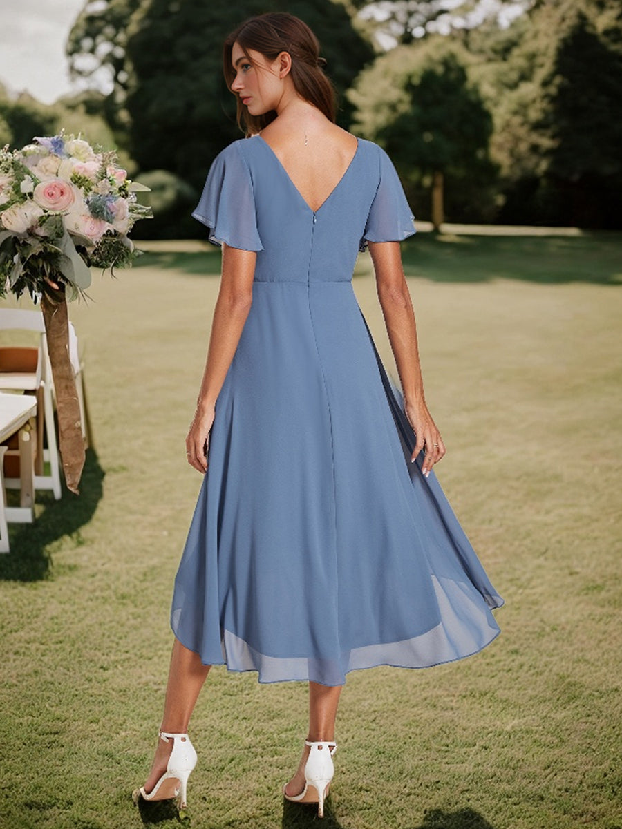 Robe d'invité de mariage chic à col en V #Couleur_Marine Fume