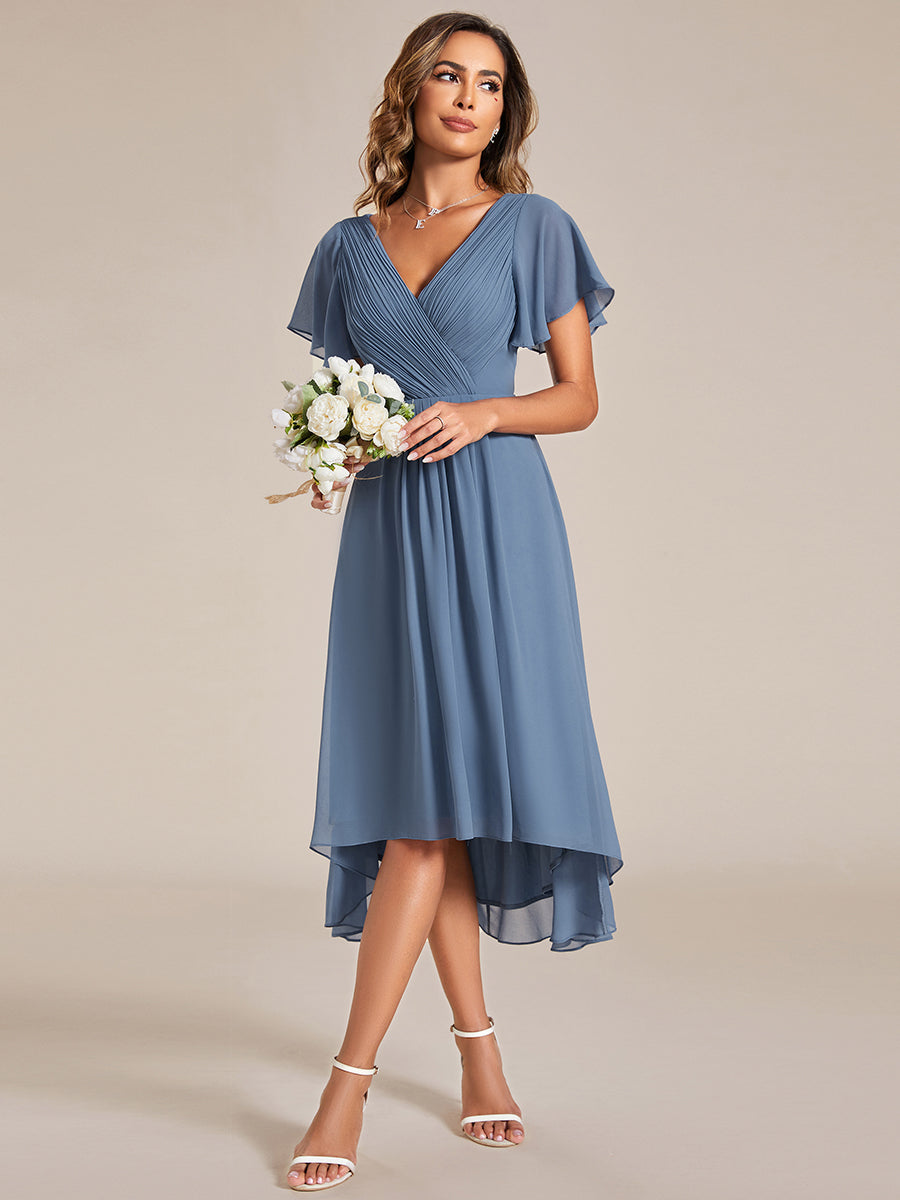 Robe d'invité de mariage chic à col en V #Couleur_Marine Fume