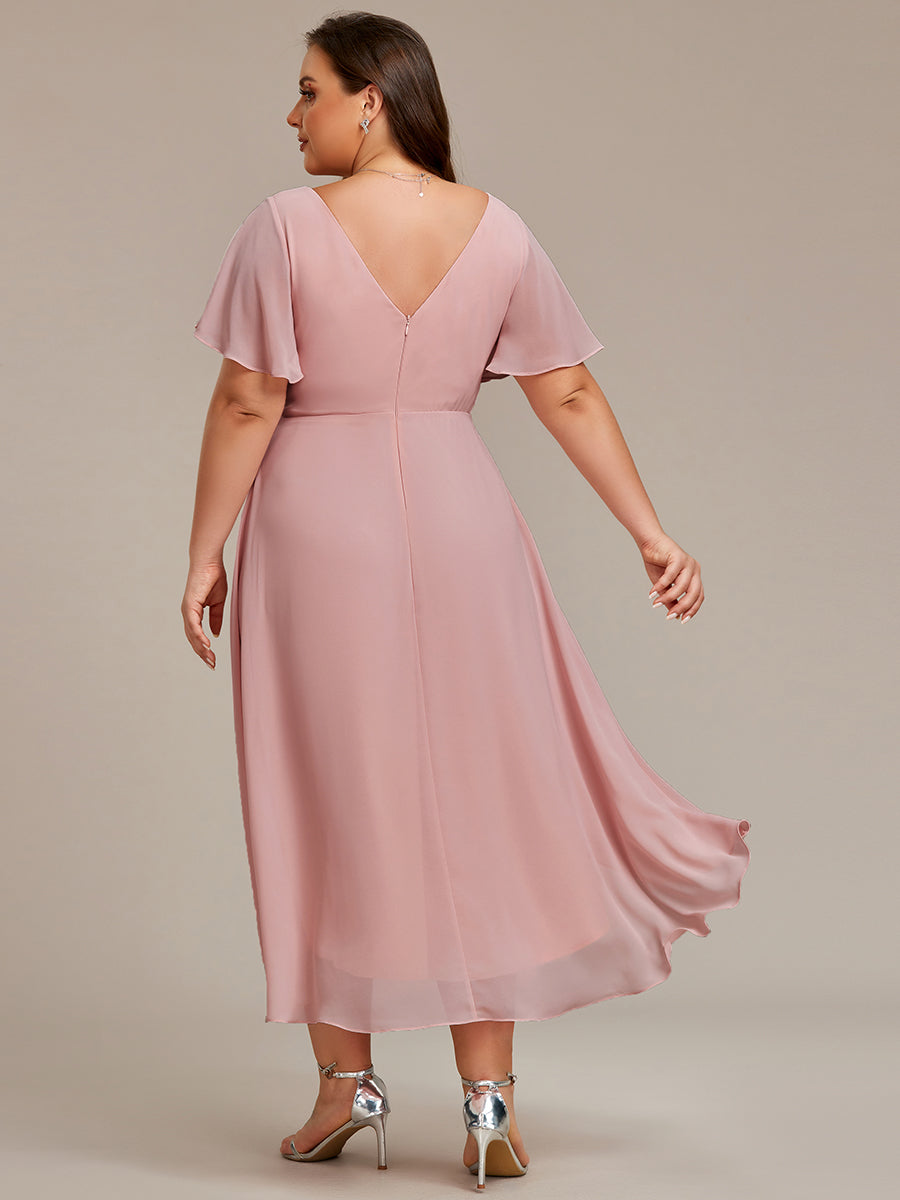 Robe d'invité de mariage chic à col en V #Couleur_Rose fumee