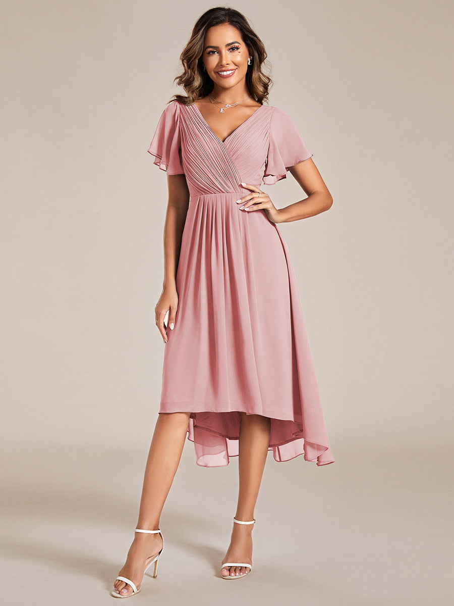 Robe d'invité de mariage chic à col en V #Couleur_Rose fumee