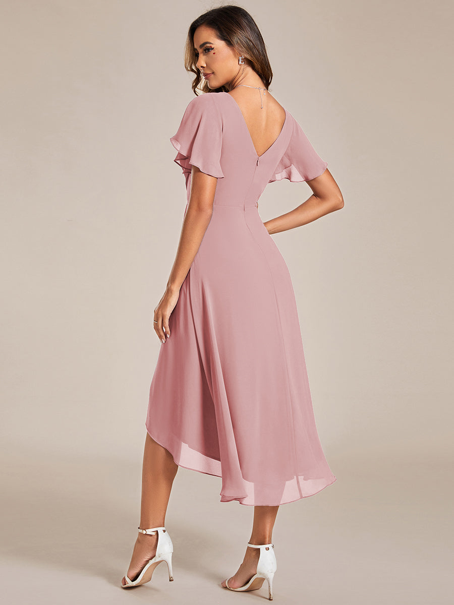 Robe d'invité de mariage chic à col en V #Couleur_Rose fumee